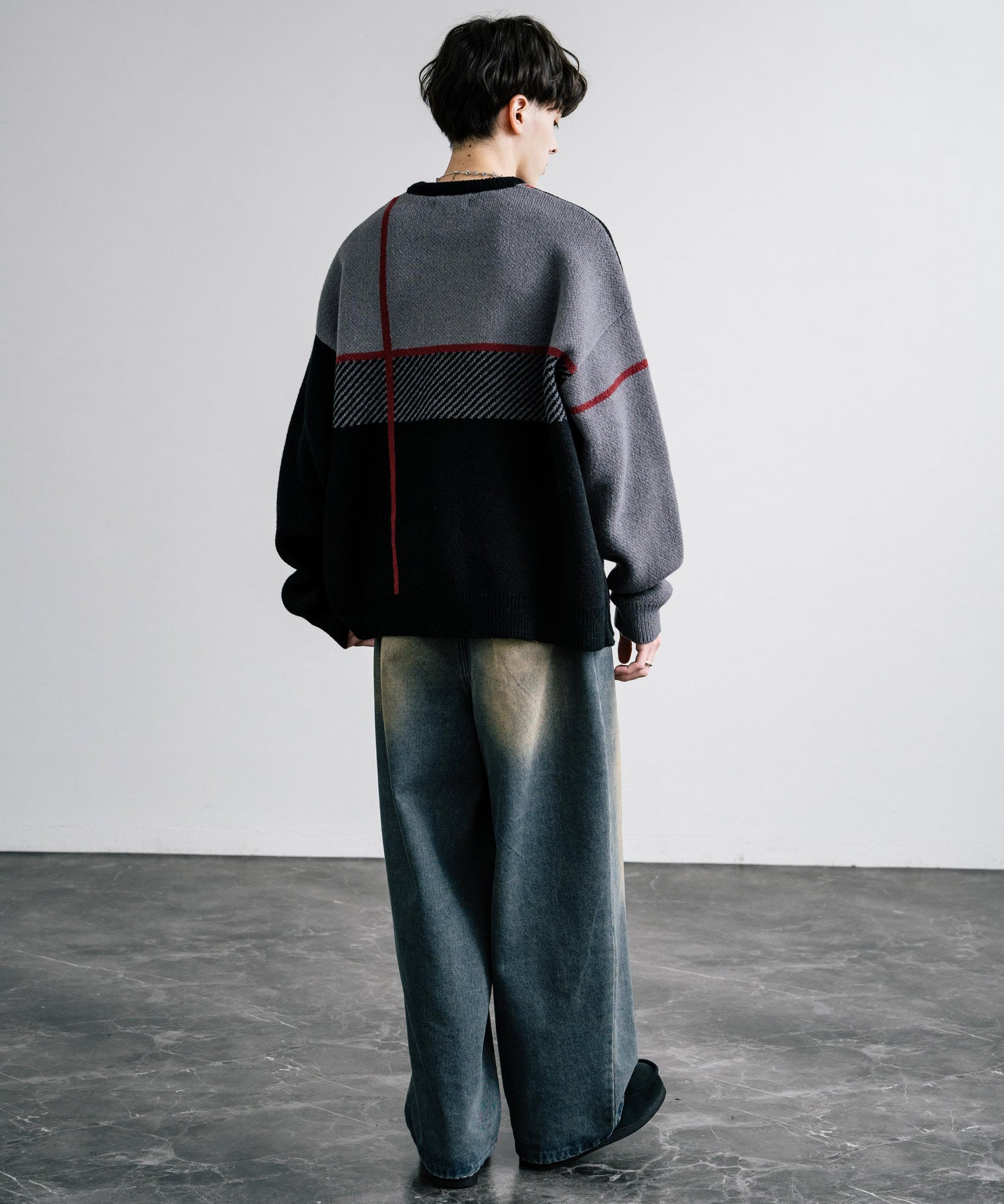 新色追加 オーバーサイズ クロスチェック柄クルーニット　14052