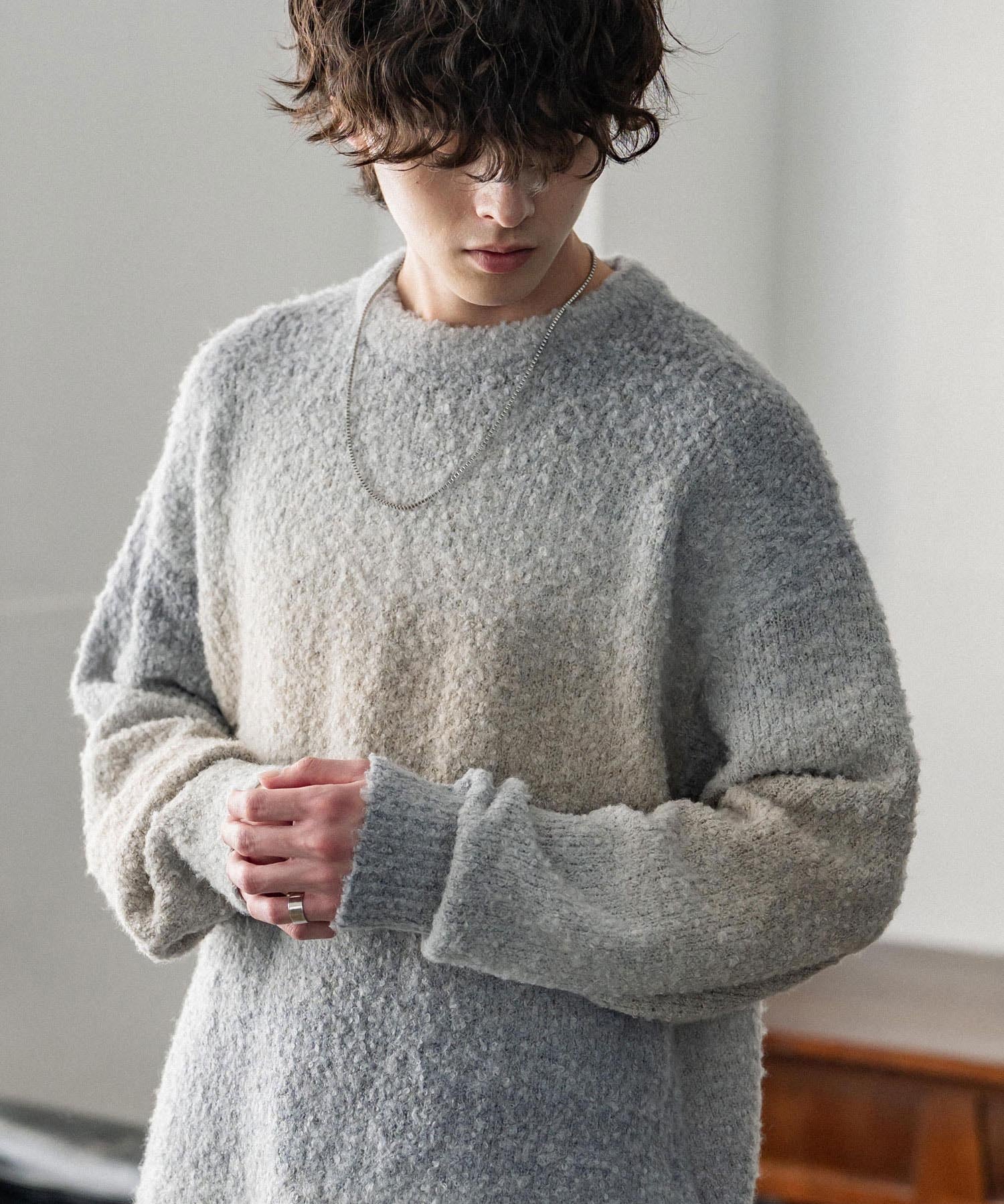 新色追加 オーバーサイズ ウール混ブークレー段染めグラデーションボーダー柄クルーニットセーター	13104