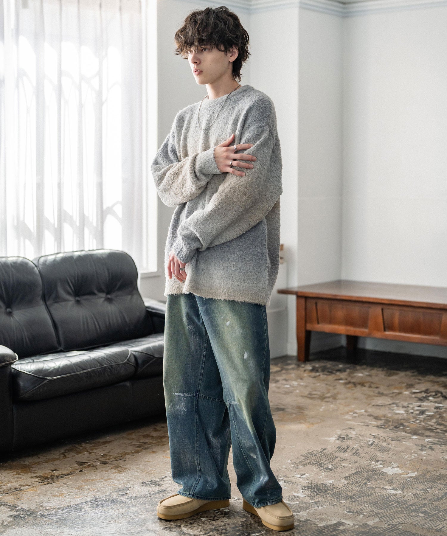 新色追加 オーバーサイズ ウール混ブークレー段染めグラデーションボーダー柄クルーニットセーター	13104