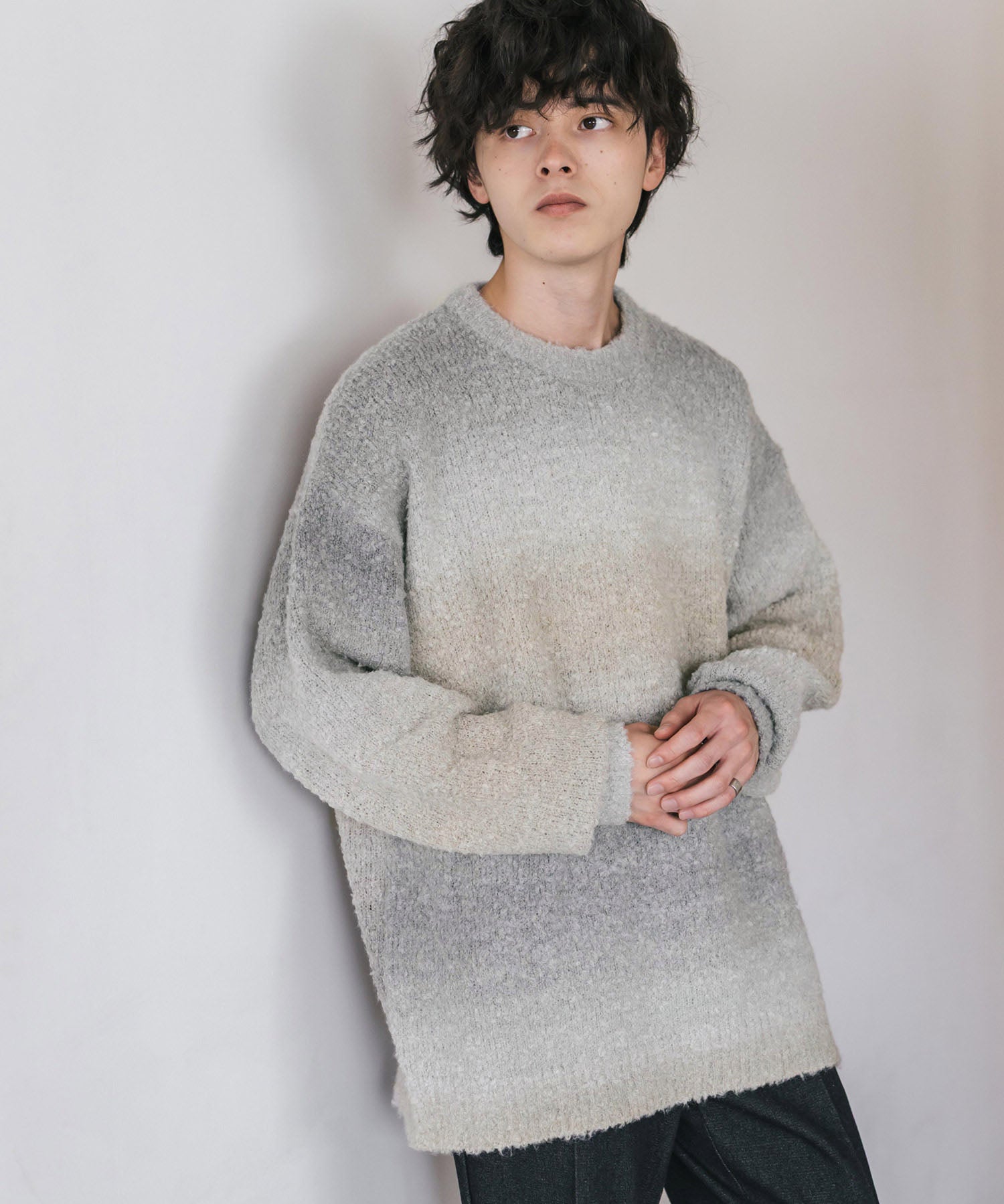 新色追加 オーバーサイズ ウール混ブークレー段染めグラデーションボーダー柄クルーニットセーター	13104