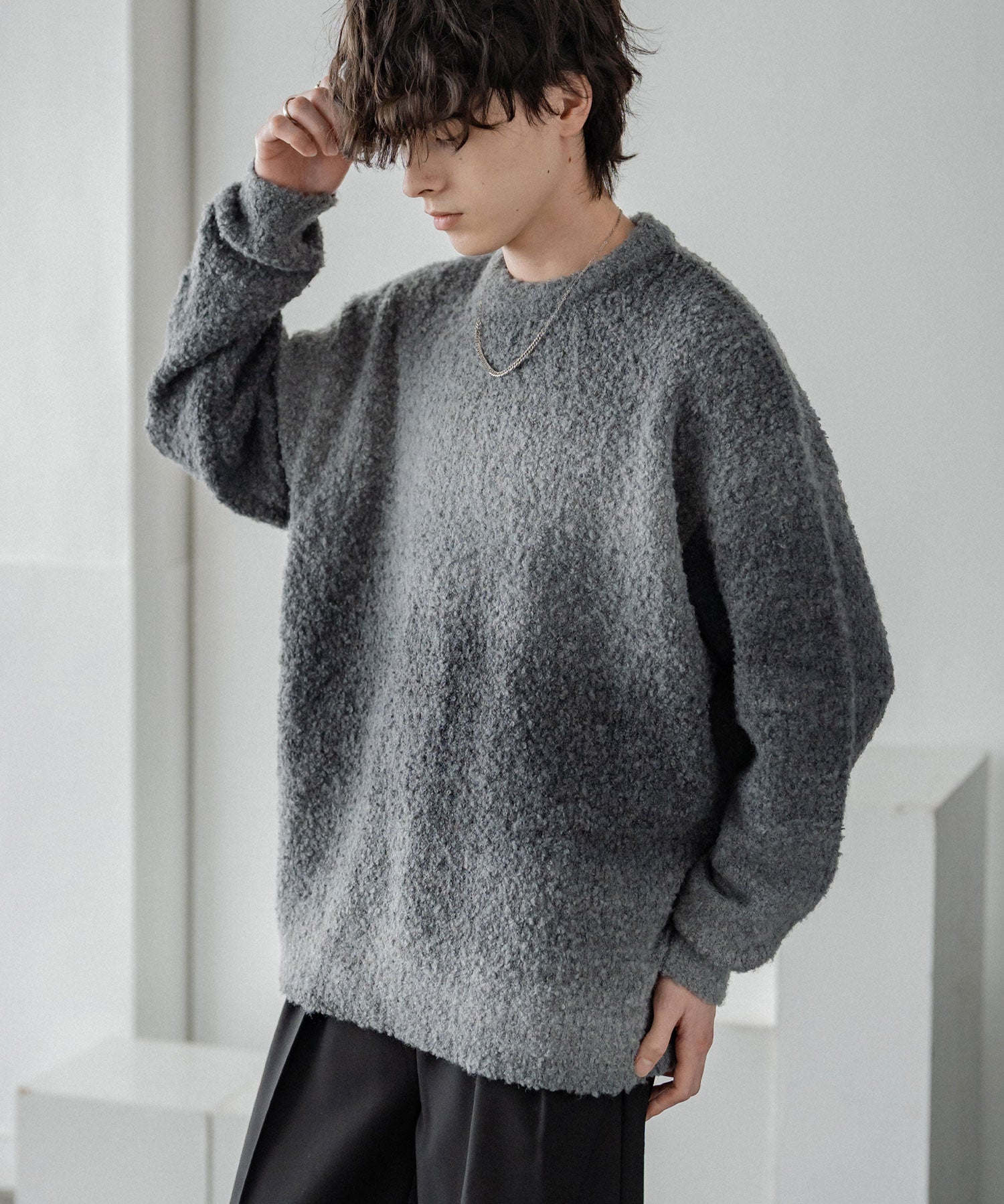 新色追加 オーバーサイズ ウール混ブークレー段染めグラデーションボーダー柄クルーニットセーター	13104