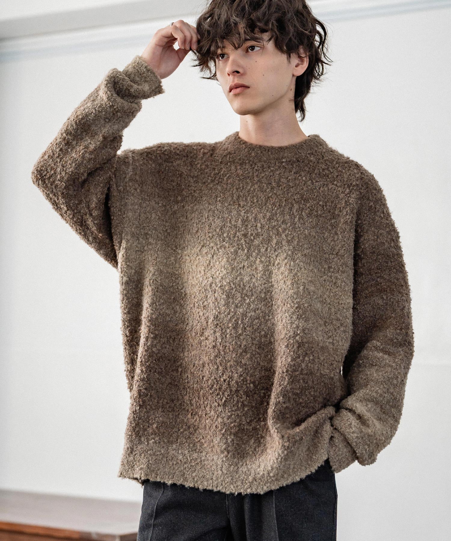 新色追加 オーバーサイズ ウール混ブークレー段染めグラデーションボーダー柄クルーニットセーター	13104