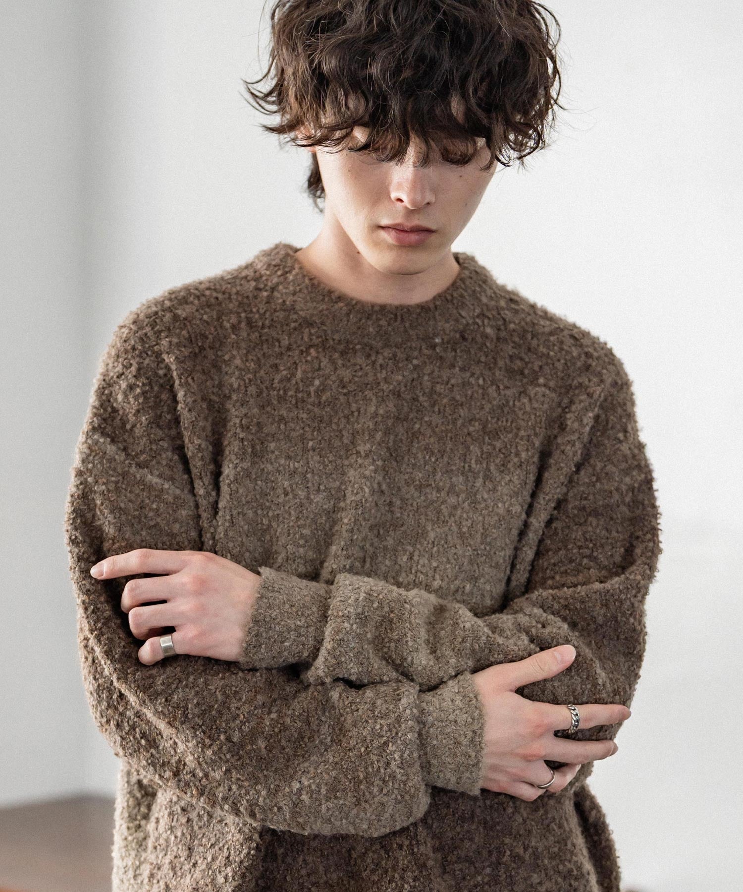 新色追加 オーバーサイズ ウール混ブークレー段染めグラデーションボーダー柄クルーニットセーター	13104