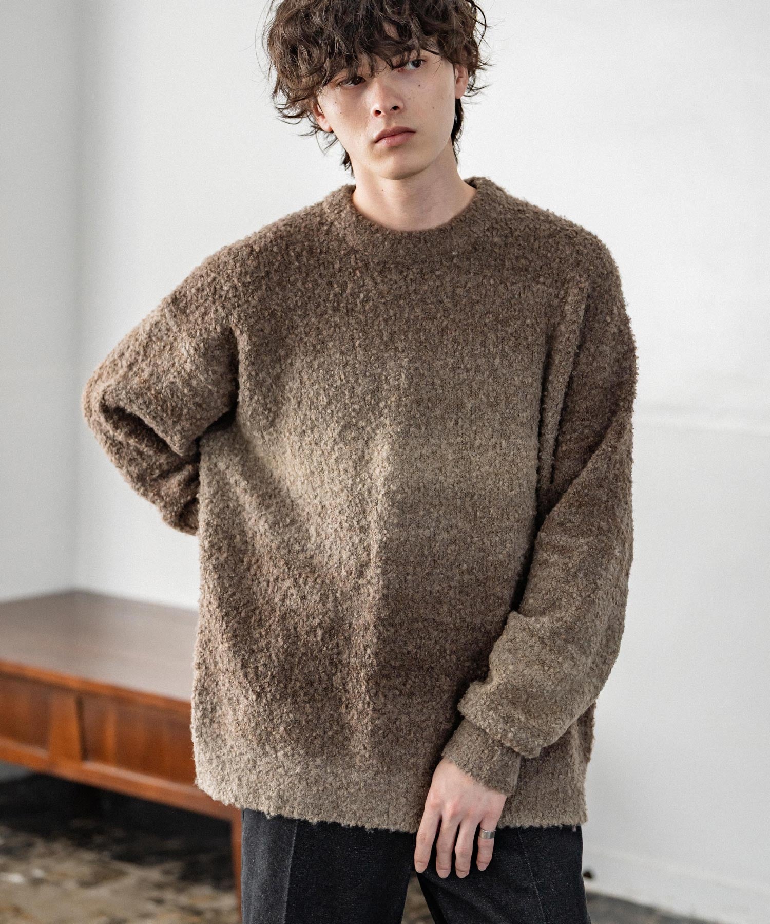 新色追加 オーバーサイズ ウール混ブークレー段染めグラデーションボーダー柄クルーニットセーター	13104