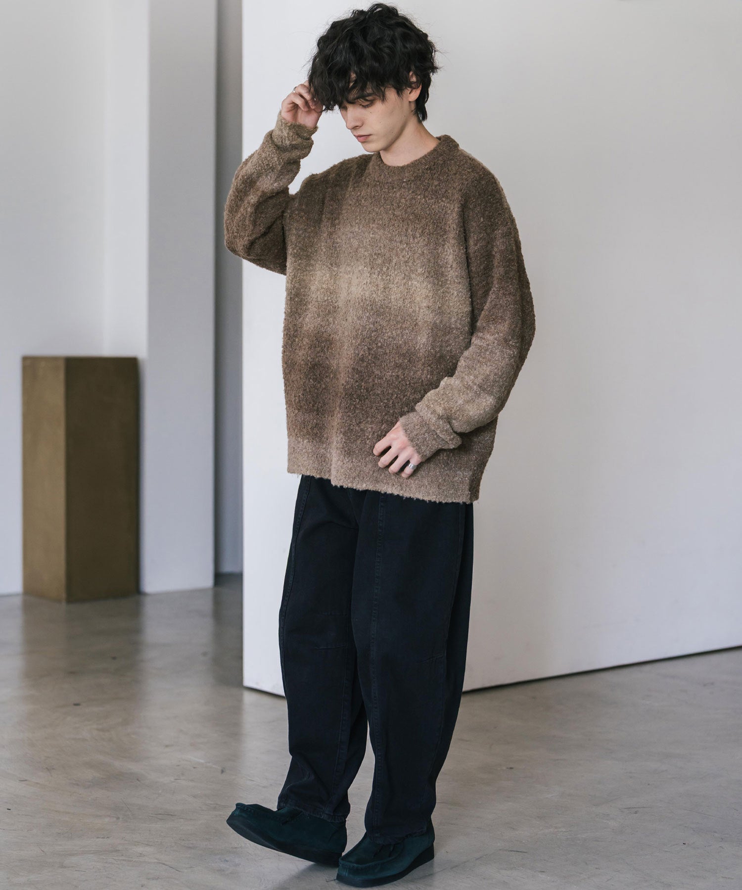 新色追加 オーバーサイズ ウール混ブークレー段染めグラデーションボーダー柄クルーニットセーター	13104