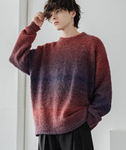 新色追加 オーバーサイズ ウール混ブークレー段染めグラデーションボーダー柄クルーニットセーター	13104