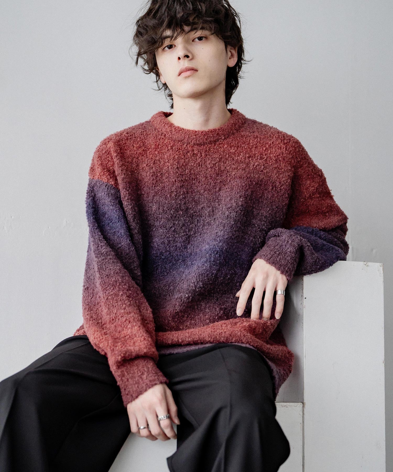 新色追加 オーバーサイズ ウール混ブークレー段染めグラデーションボーダー柄クルーニットセーター	13104