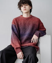 新色追加 オーバーサイズ ウール混ブークレー段染めグラデーションボーダー柄クルーニットセーター	13104