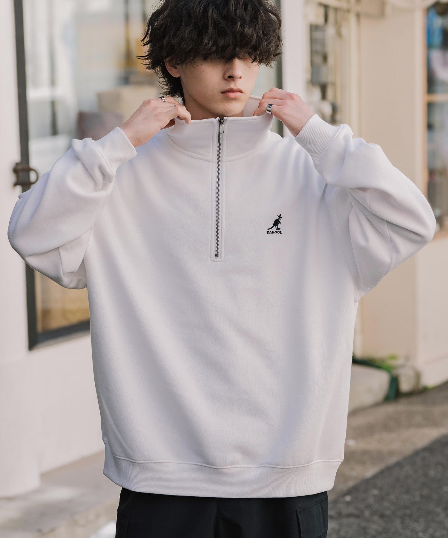 新色追加 KANGOL カンゴール 別注コラボオーバーサイズ裏起毛ロゴ刺繍ハーフジップハイネックスウェットトレーナー 13840 【セットアップ可能】