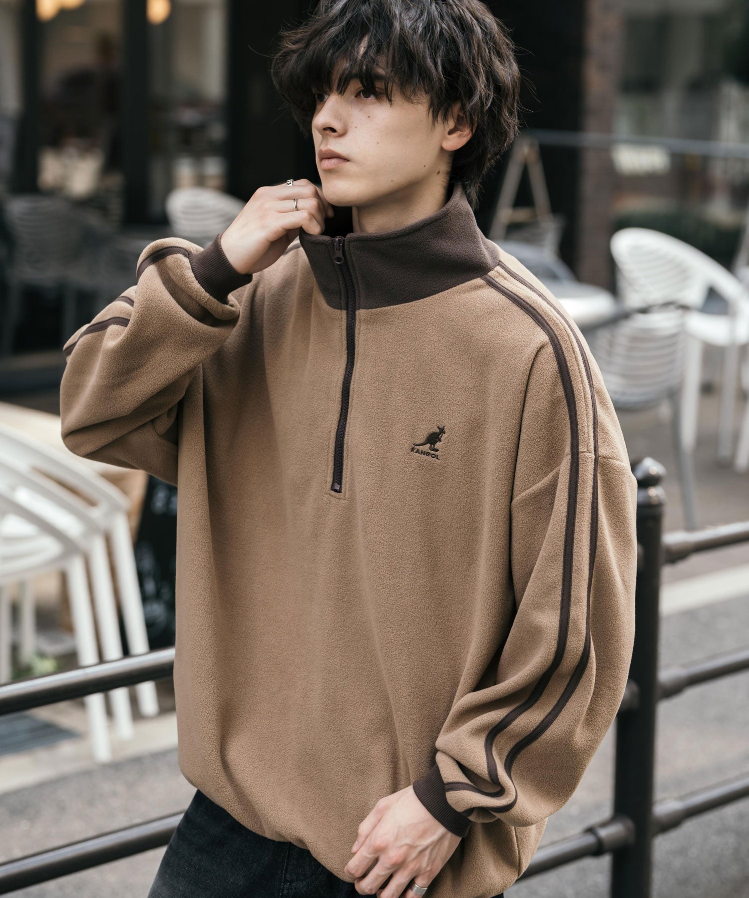 新色追加 KANGOL カンゴール 別注コラボオーバーサイズサイドラインワンポイントロゴ刺繍ハーフジップフリーストレーナー 13847
