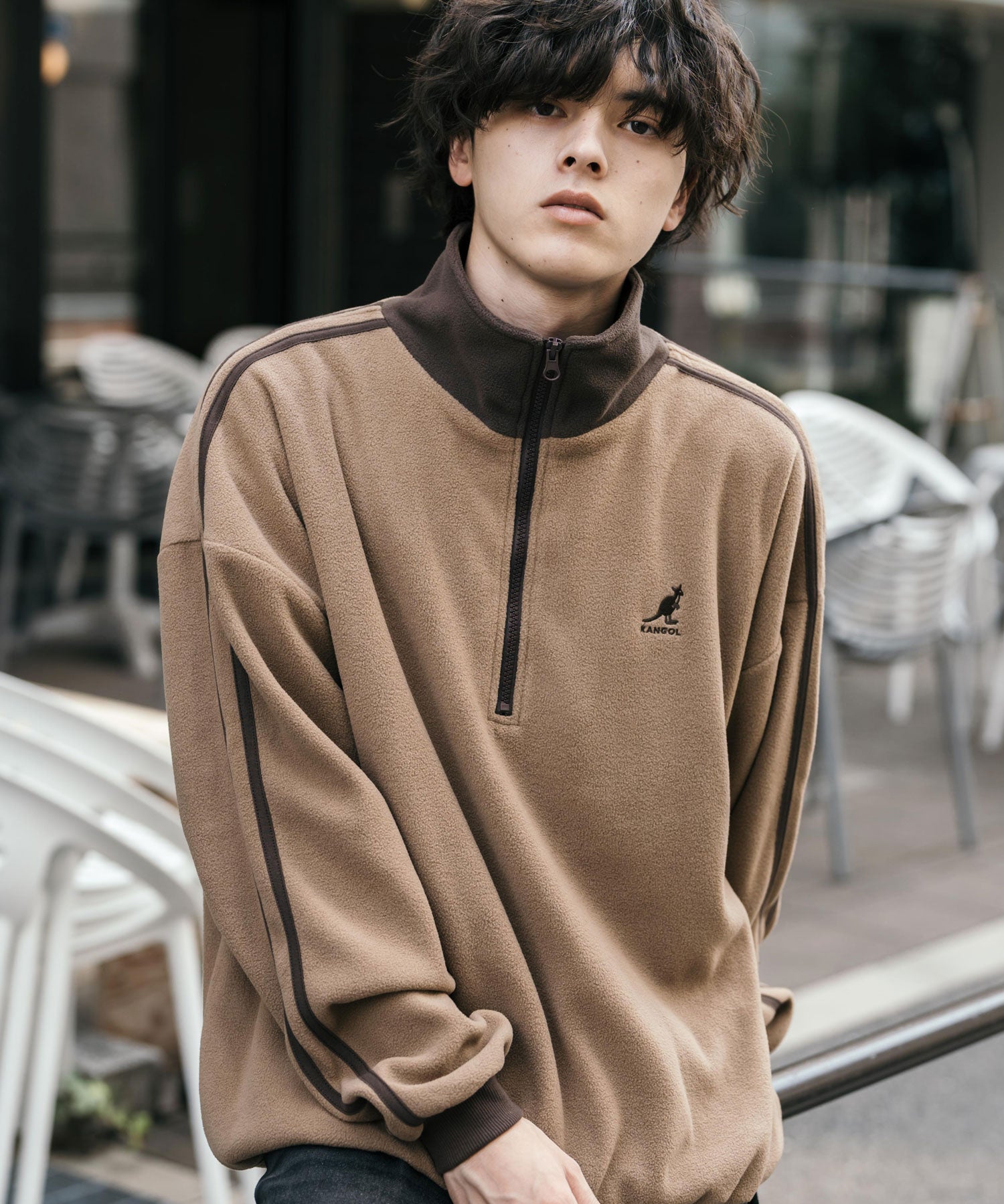 新色追加 KANGOL カンゴール 別注コラボオーバーサイズサイドラインワンポイントロゴ刺繍ハーフジップフリーストレーナー 13847