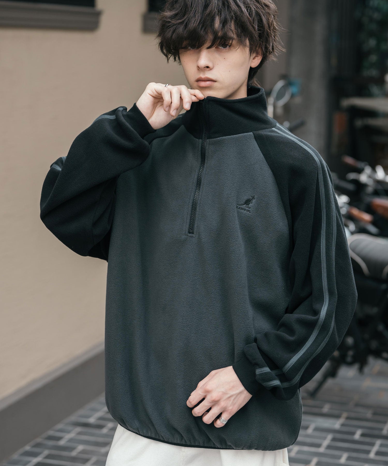 新色追加 KANGOL カンゴール 別注コラボオーバーサイズサイドラインワンポイントロゴ刺繍ハーフジップフリーストレーナー 13847