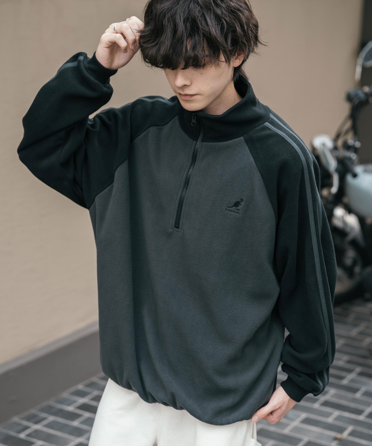 新色追加 KANGOL カンゴール 別注コラボオーバーサイズサイドラインワンポイントロゴ刺繍ハーフジップフリーストレーナー 13847