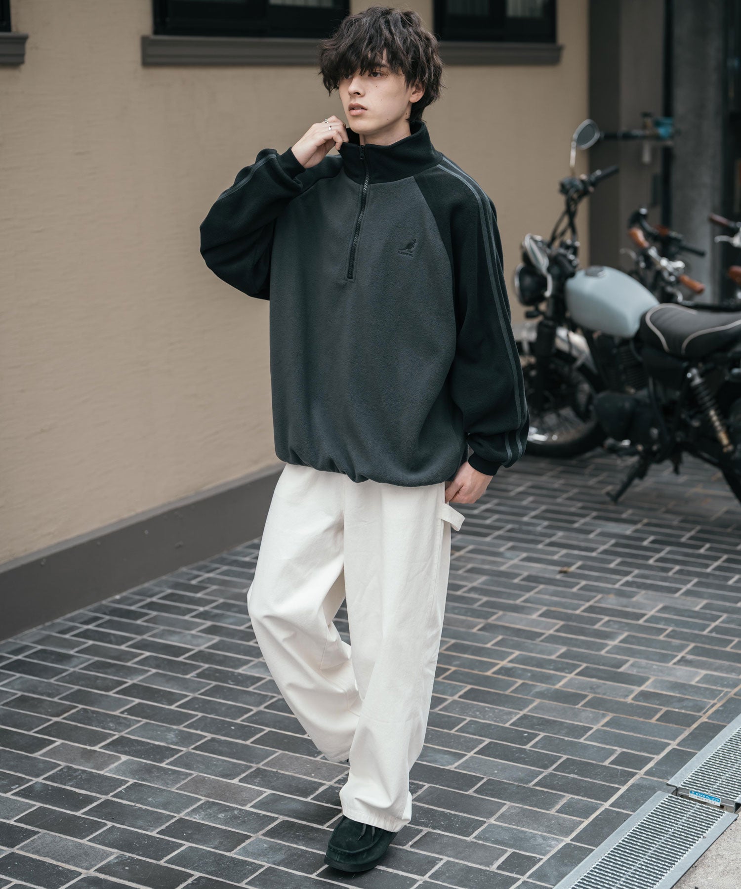 新色追加 KANGOL カンゴール 別注コラボオーバーサイズサイドラインワンポイントロゴ刺繍ハーフジップフリーストレーナー 13847