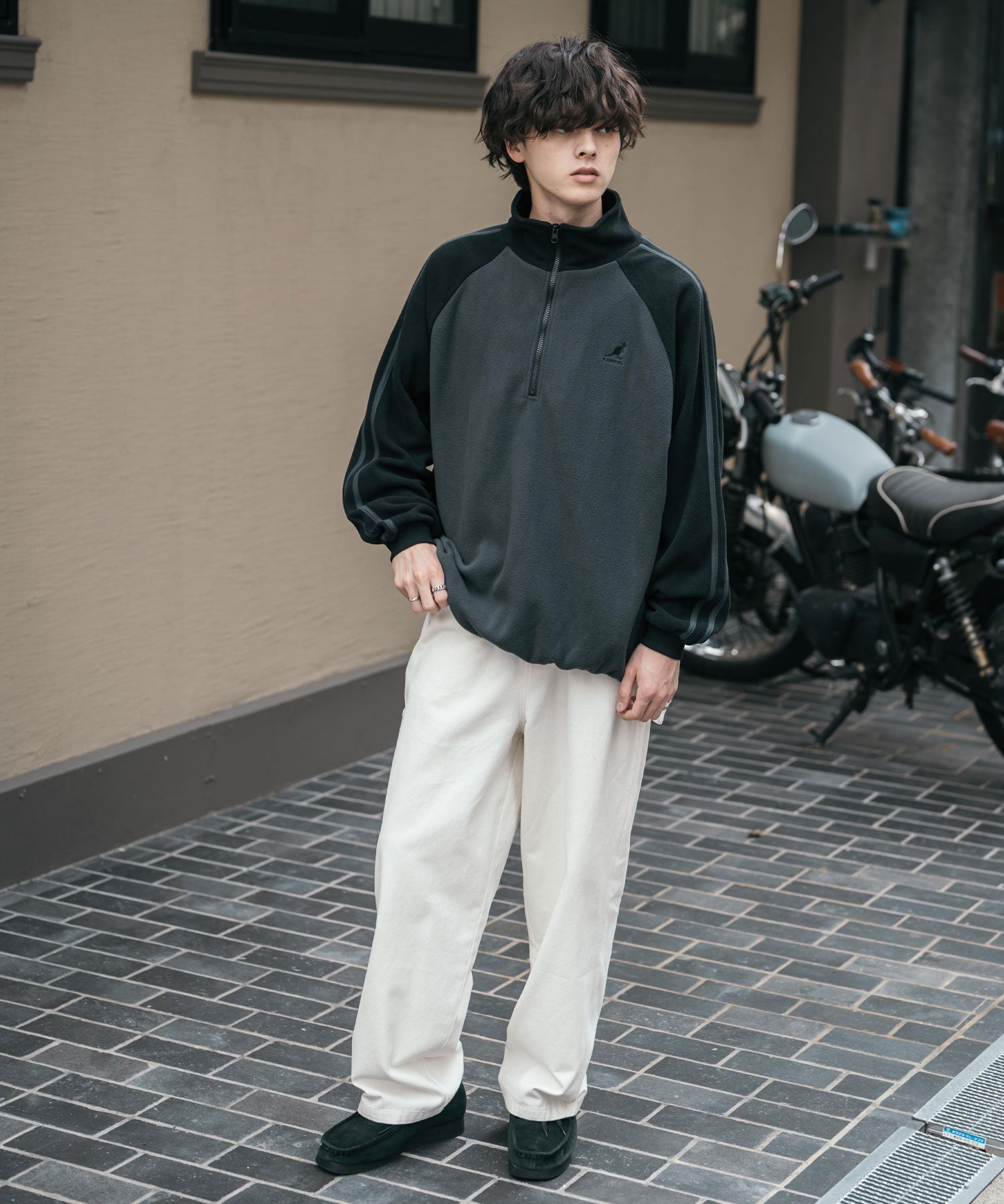 新色追加 KANGOL カンゴール 別注コラボオーバーサイズサイドラインワンポイントロゴ刺繍ハーフジップフリーストレーナー 13847