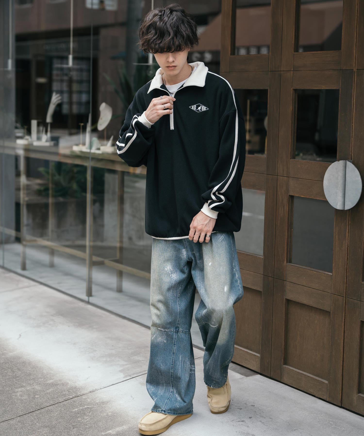 新色追加 KANGOL カンゴール 別注コラボオーバーサイズサイドラインワンポイントロゴ刺繍ハーフジップフリーストレーナー 13847