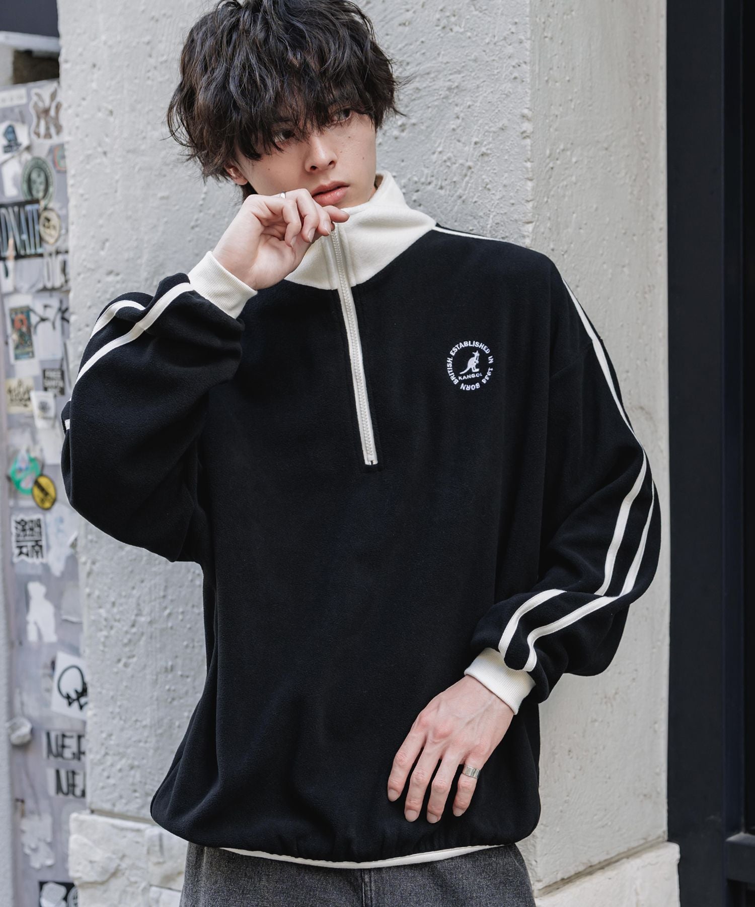 新色追加 KANGOL カンゴール 別注コラボオーバーサイズサイドラインワンポイントロゴ刺繍ハーフジップフリーストレーナー 13847