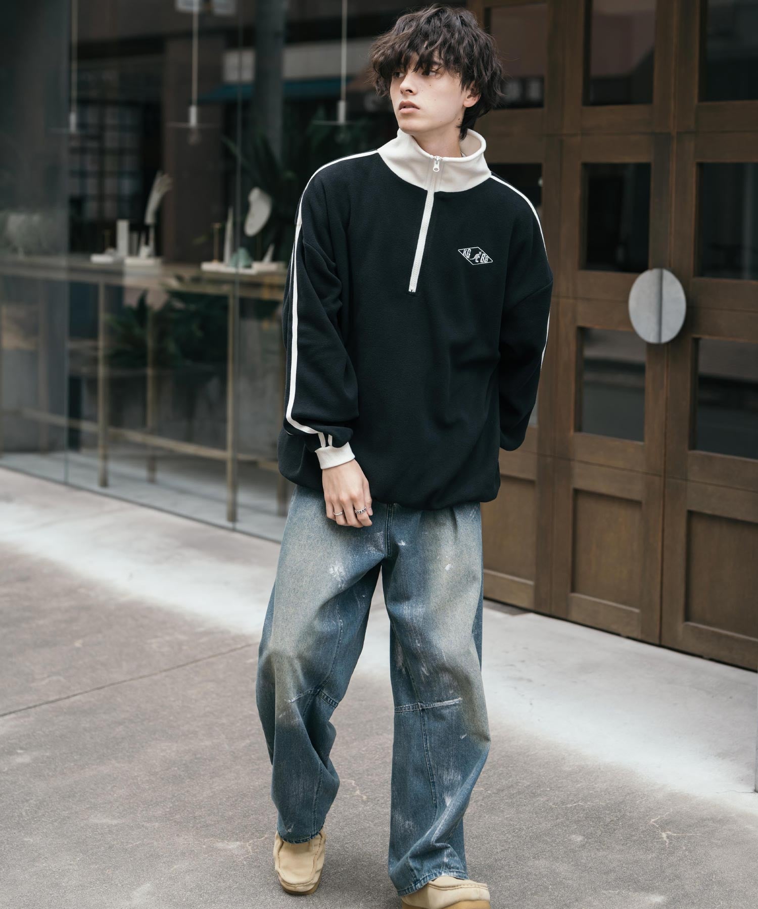 新色追加 KANGOL カンゴール 別注コラボオーバーサイズサイドラインワンポイントロゴ刺繍ハーフジップフリーストレーナー 13847