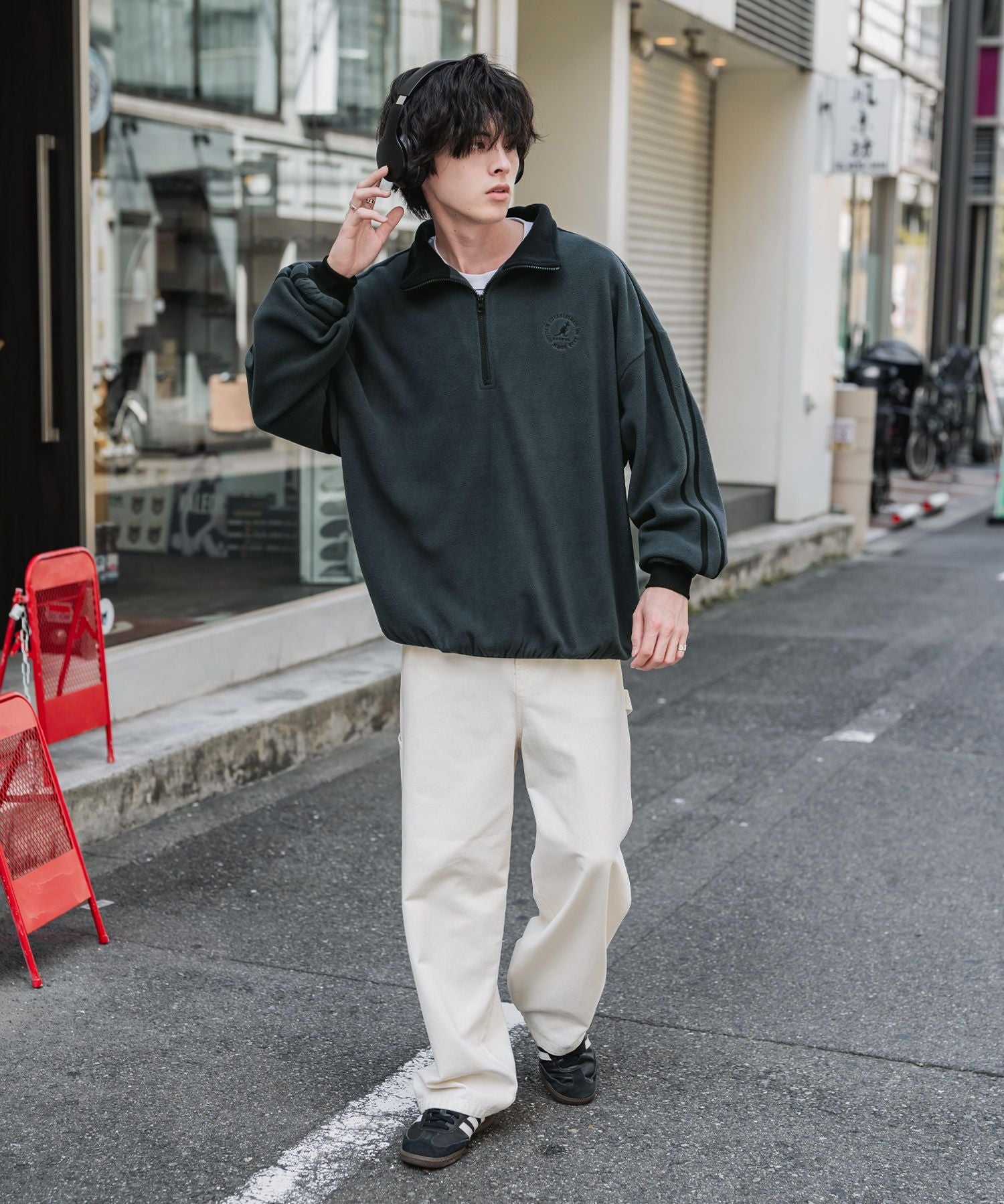 新色追加 KANGOL カンゴール 別注コラボオーバーサイズサイドラインワンポイントロゴ刺繍ハーフジップフリーストレーナー 13847