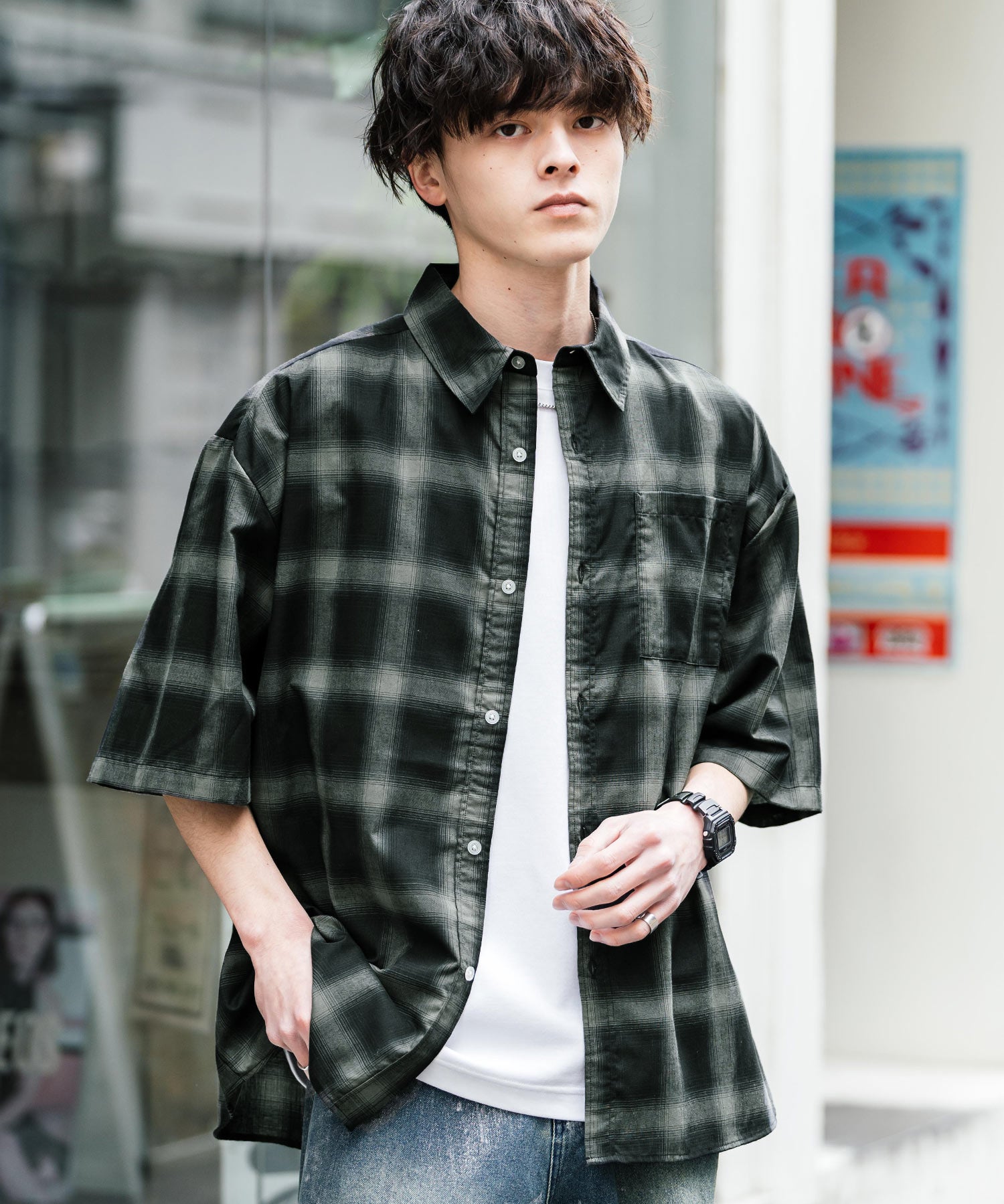 新色追加 オーバーサイズ 無地/チェック柄/ストライプ柄レギュラーカラー半袖シャツ 13977