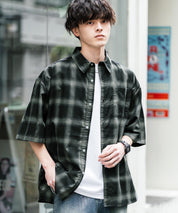 新色追加 オーバーサイズ 無地/チェック柄/ストライプ柄レギュラーカラー半袖シャツ 13977