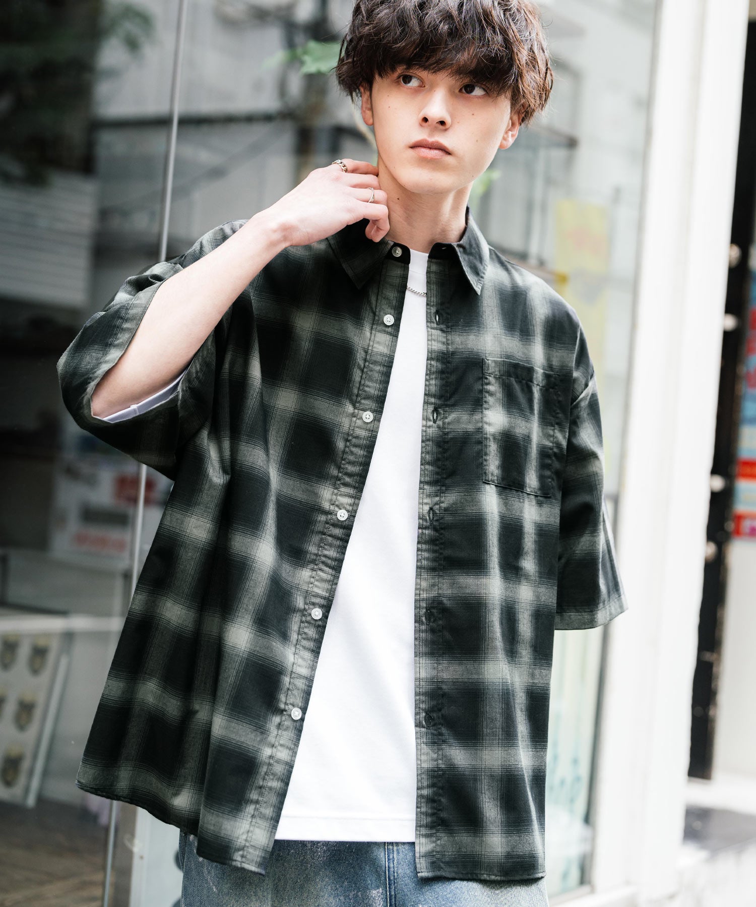 新色追加 オーバーサイズ 無地/チェック柄/ストライプ柄レギュラーカラー半袖シャツ 13977