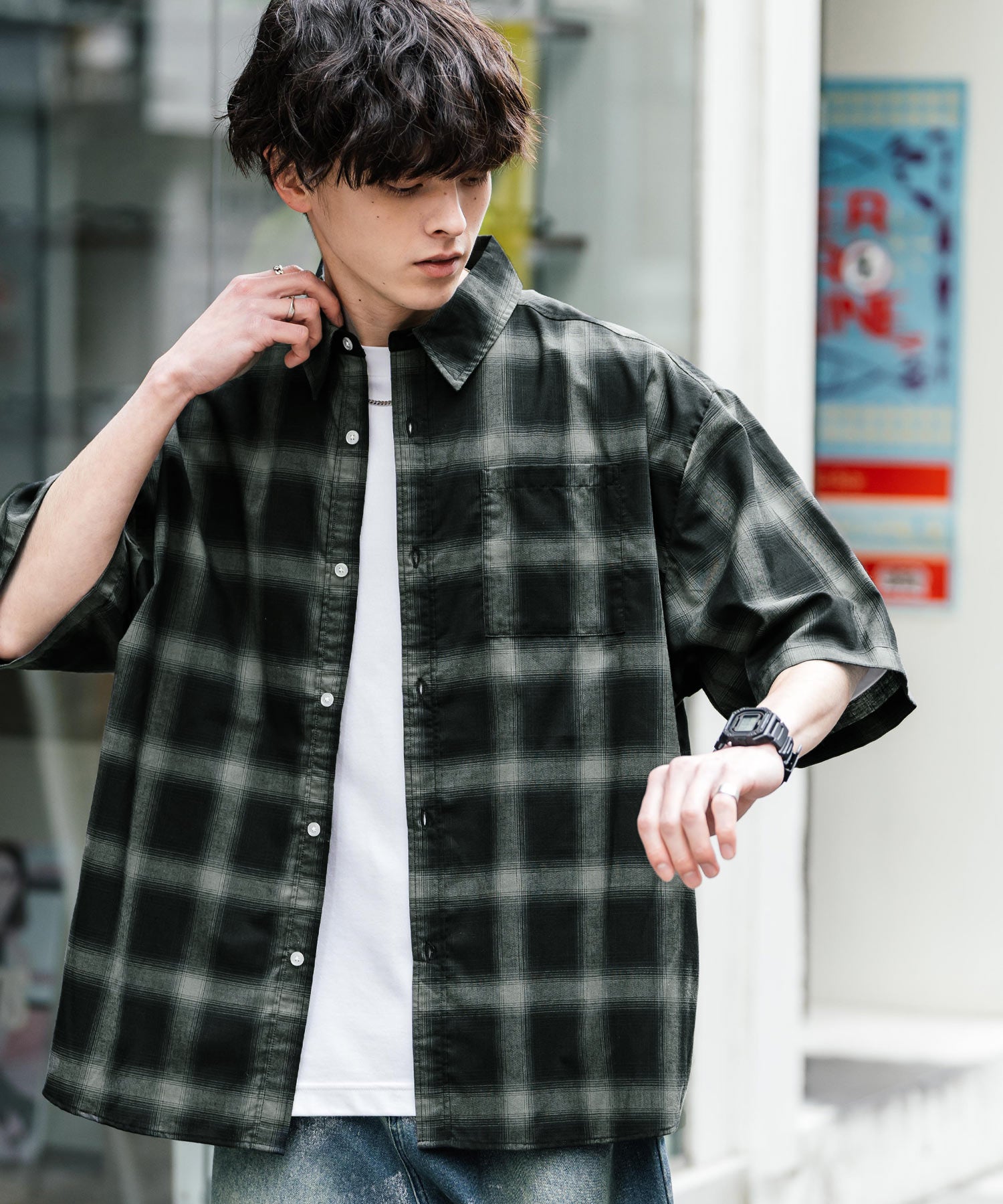 新色追加 オーバーサイズ 無地/チェック柄/ストライプ柄レギュラーカラー半袖シャツ 13977