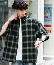 新色追加 オーバーサイズ 無地/チェック柄/ストライプ柄レギュラーカラー半袖シャツ 13977