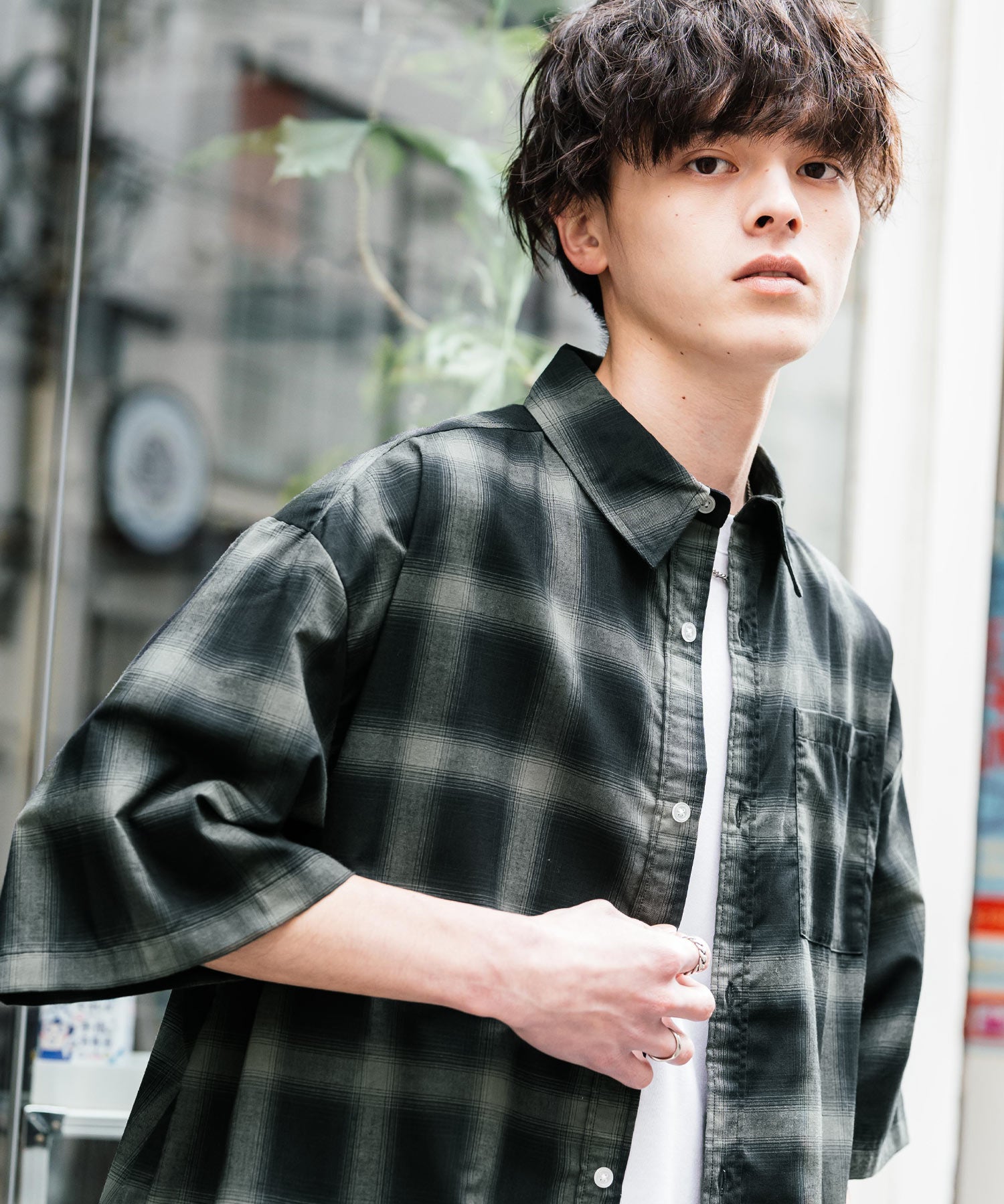 新色追加 オーバーサイズ 無地/チェック柄/ストライプ柄レギュラーカラー半袖シャツ 13977