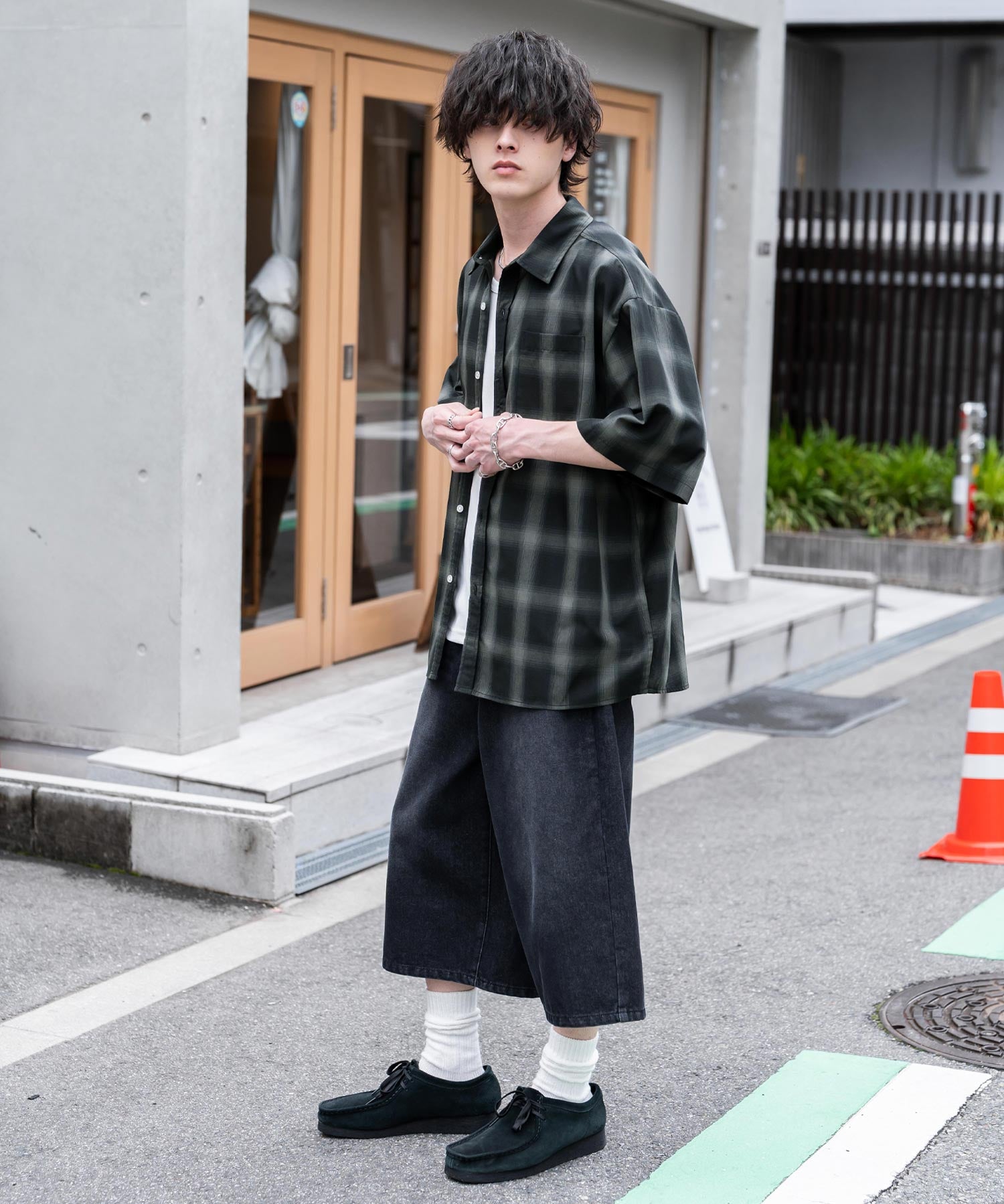 新色追加 オーバーサイズ 無地/チェック柄/ストライプ柄レギュラーカラー半袖シャツ 13977