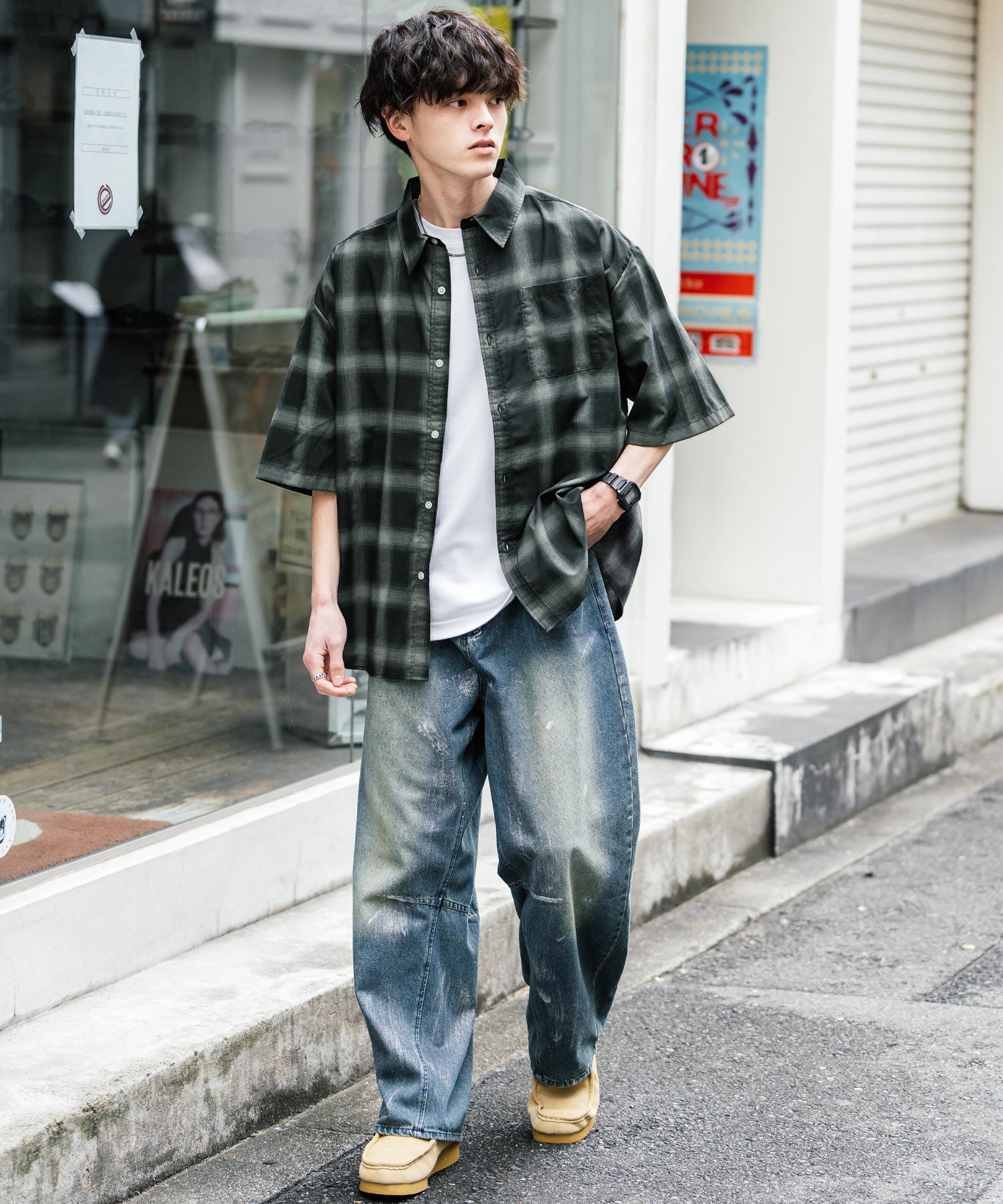 新色追加 オーバーサイズ 無地/チェック柄/ストライプ柄レギュラーカラー半袖シャツ 13977