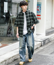 新色追加 オーバーサイズ 無地/チェック柄/ストライプ柄レギュラーカラー半袖シャツ 13977