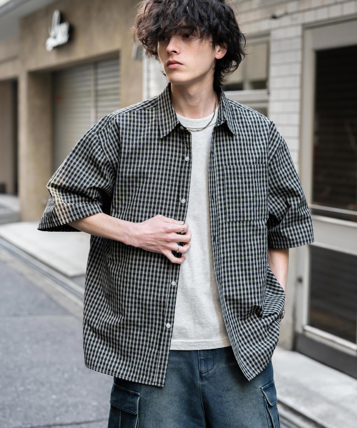 新色追加 オーバーサイズ 無地/チェック柄/ストライプ柄レギュラーカラー半袖シャツ 13977