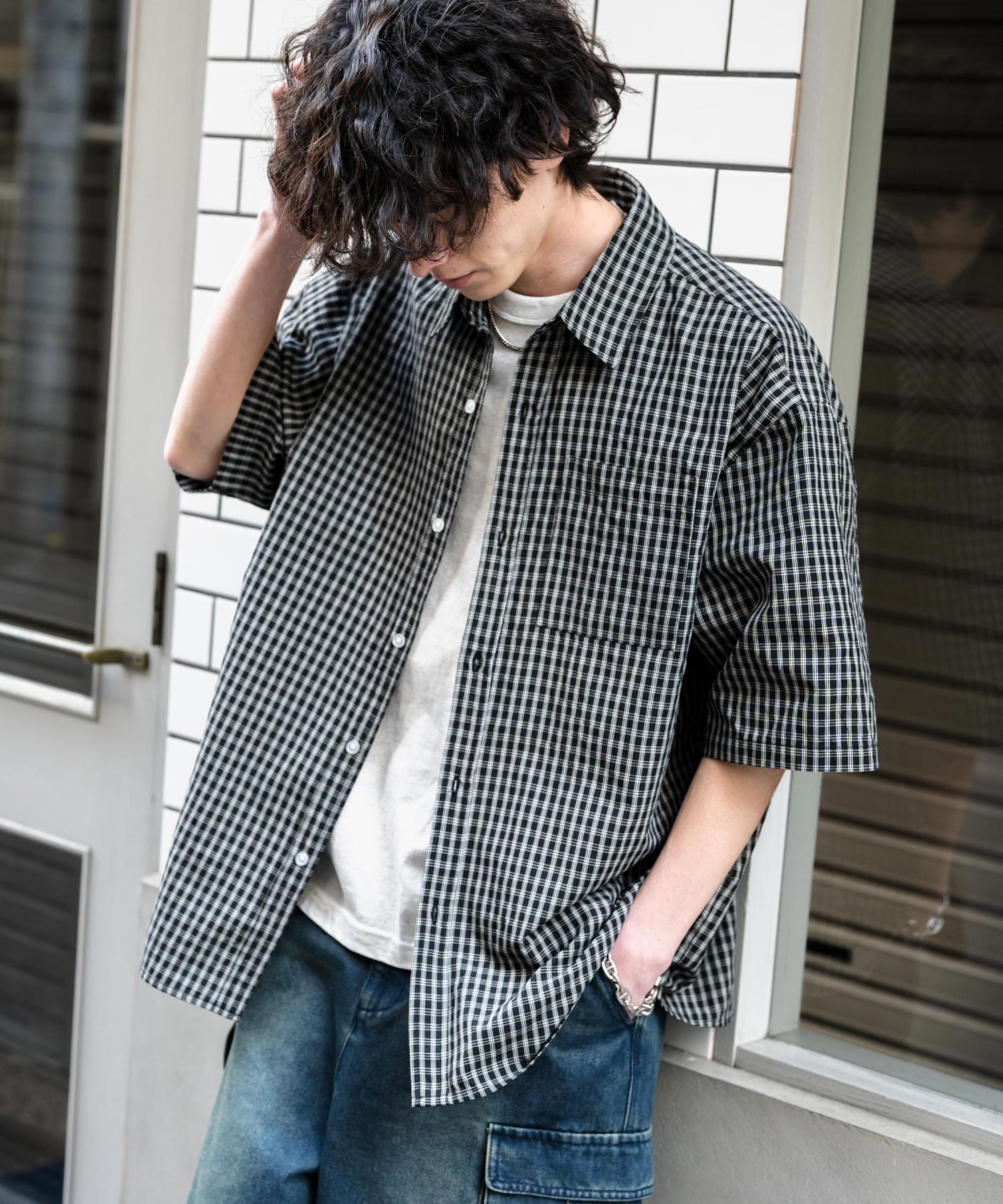 ストライプ柄レギュラーカラー半袖シャツ 13977