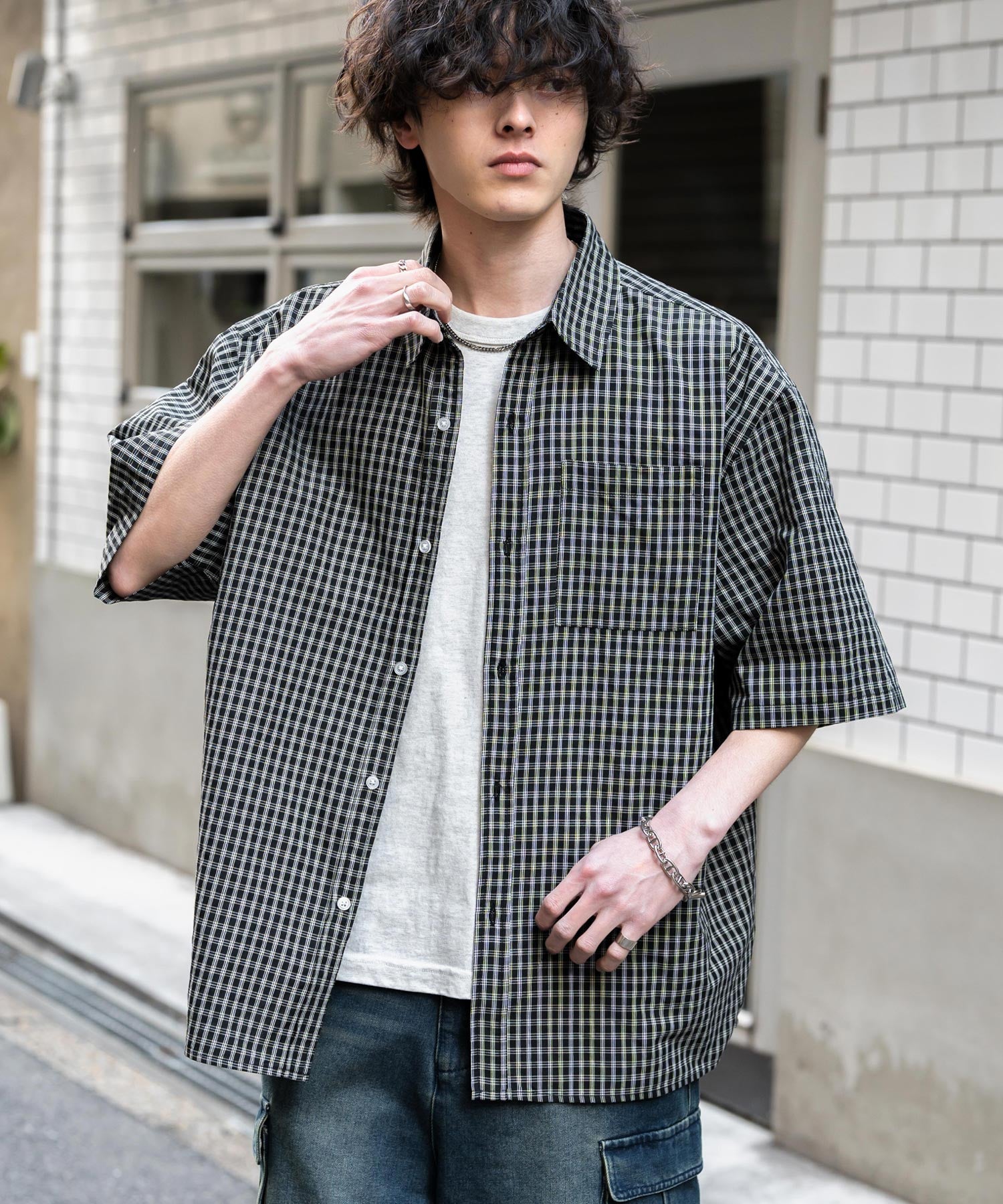 新色追加 オーバーサイズ 無地/チェック柄/ストライプ柄レギュラーカラー半袖シャツ 13977