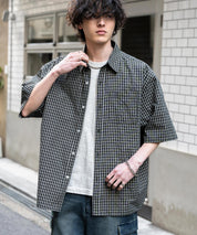 新色追加 オーバーサイズ 無地/チェック柄/ストライプ柄レギュラーカラー半袖シャツ 13977