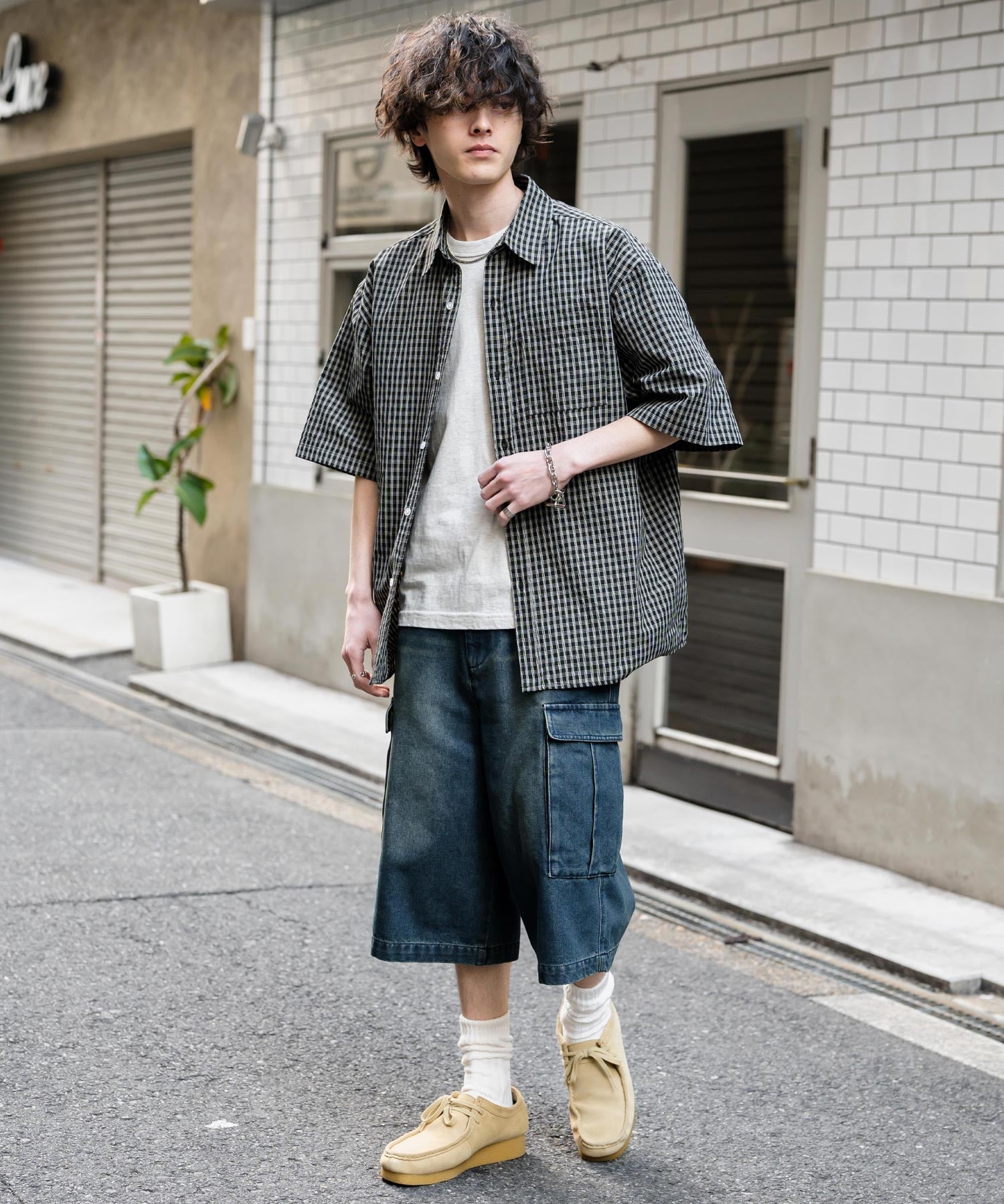 新色追加 オーバーサイズ 無地/チェック柄/ストライプ柄レギュラーカラー半袖シャツ 13977