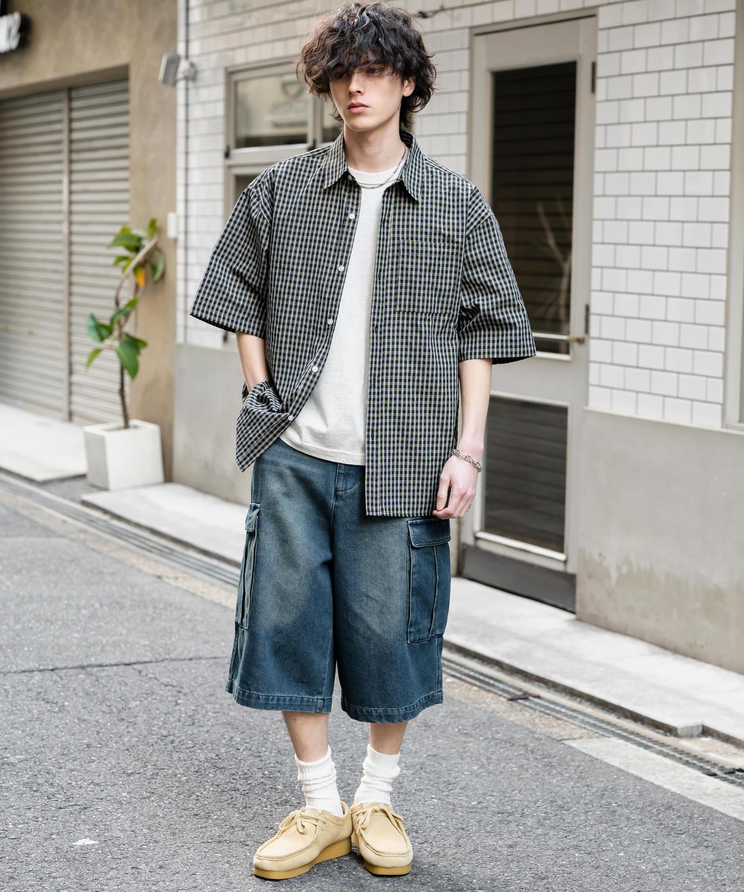 新色追加 オーバーサイズ 無地/チェック柄/ストライプ柄レギュラーカラー半袖シャツ 13977