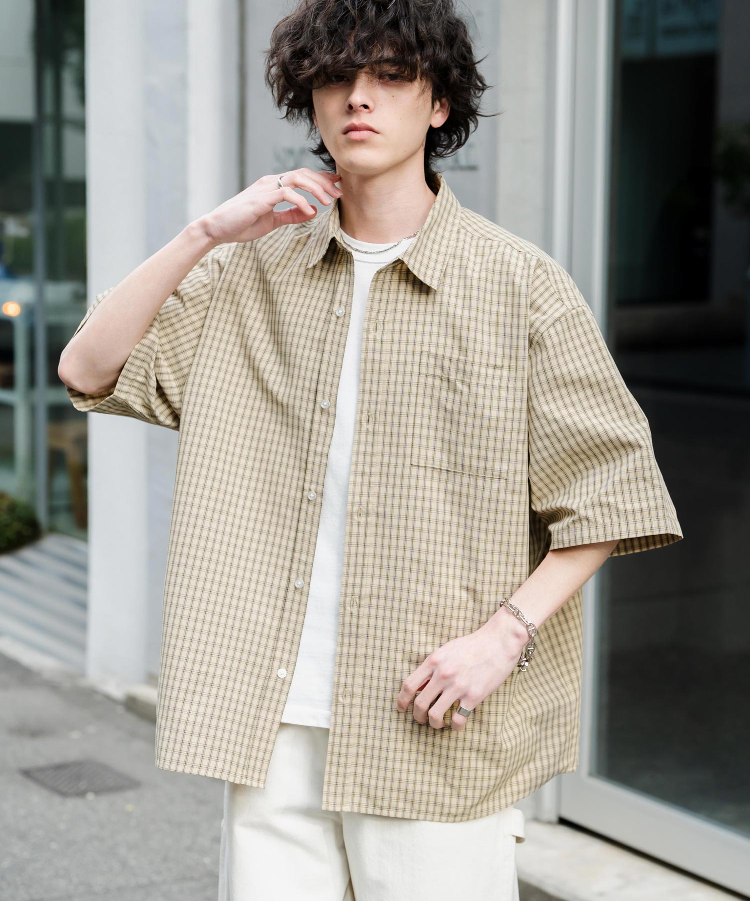 ストライプ柄レギュラーカラー半袖シャツ 13977