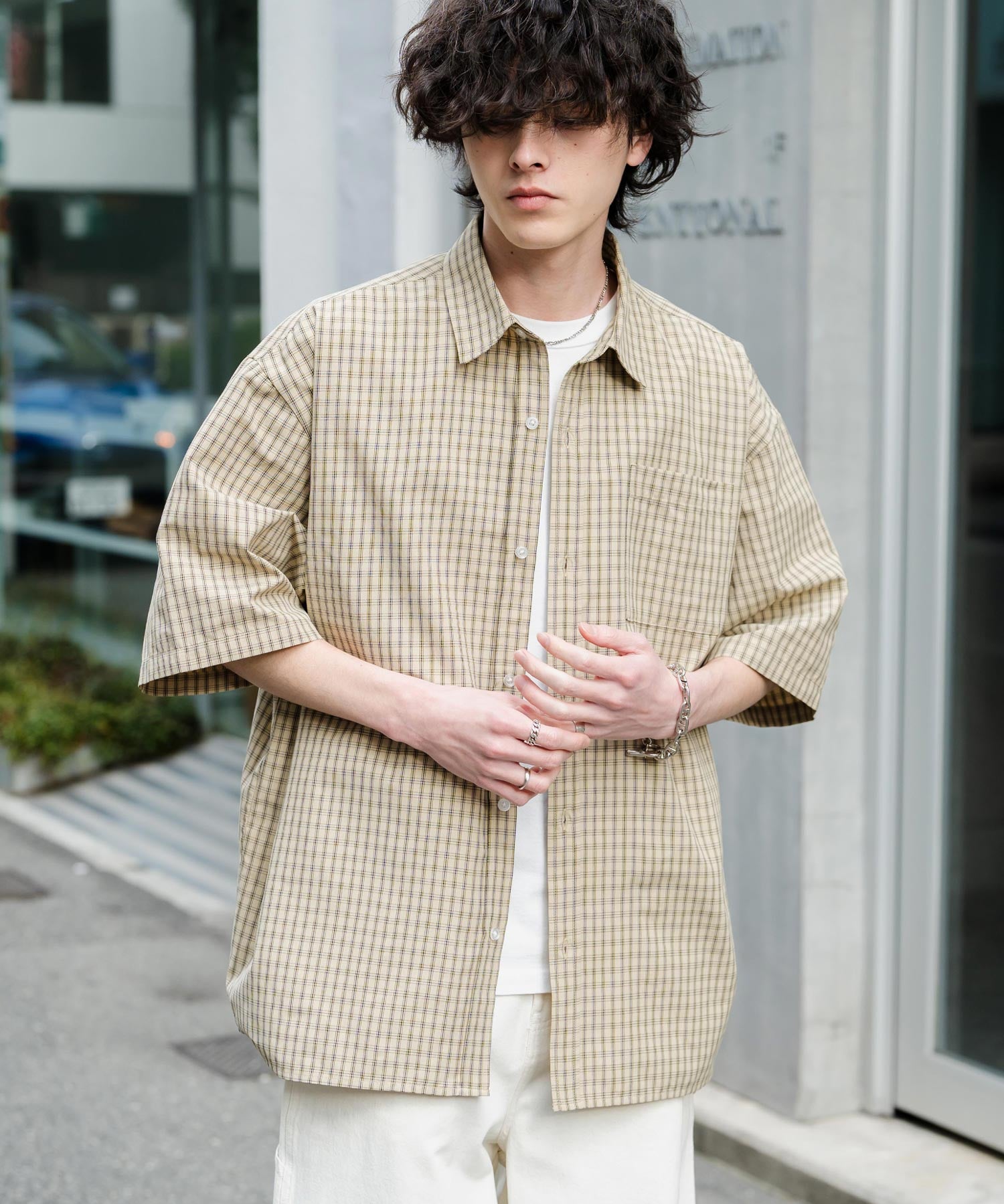 新色追加 オーバーサイズ 無地/チェック柄/ストライプ柄レギュラーカラー半袖シャツ 13977