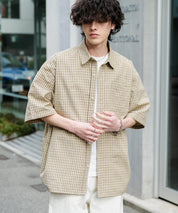 新色追加 オーバーサイズ 無地/チェック柄/ストライプ柄レギュラーカラー半袖シャツ 13977