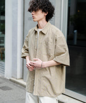 新色追加 オーバーサイズ 無地/チェック柄/ストライプ柄レギュラーカラー半袖シャツ 13977