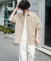 新色追加 オーバーサイズ 無地/チェック柄/ストライプ柄レギュラーカラー半袖シャツ 13977