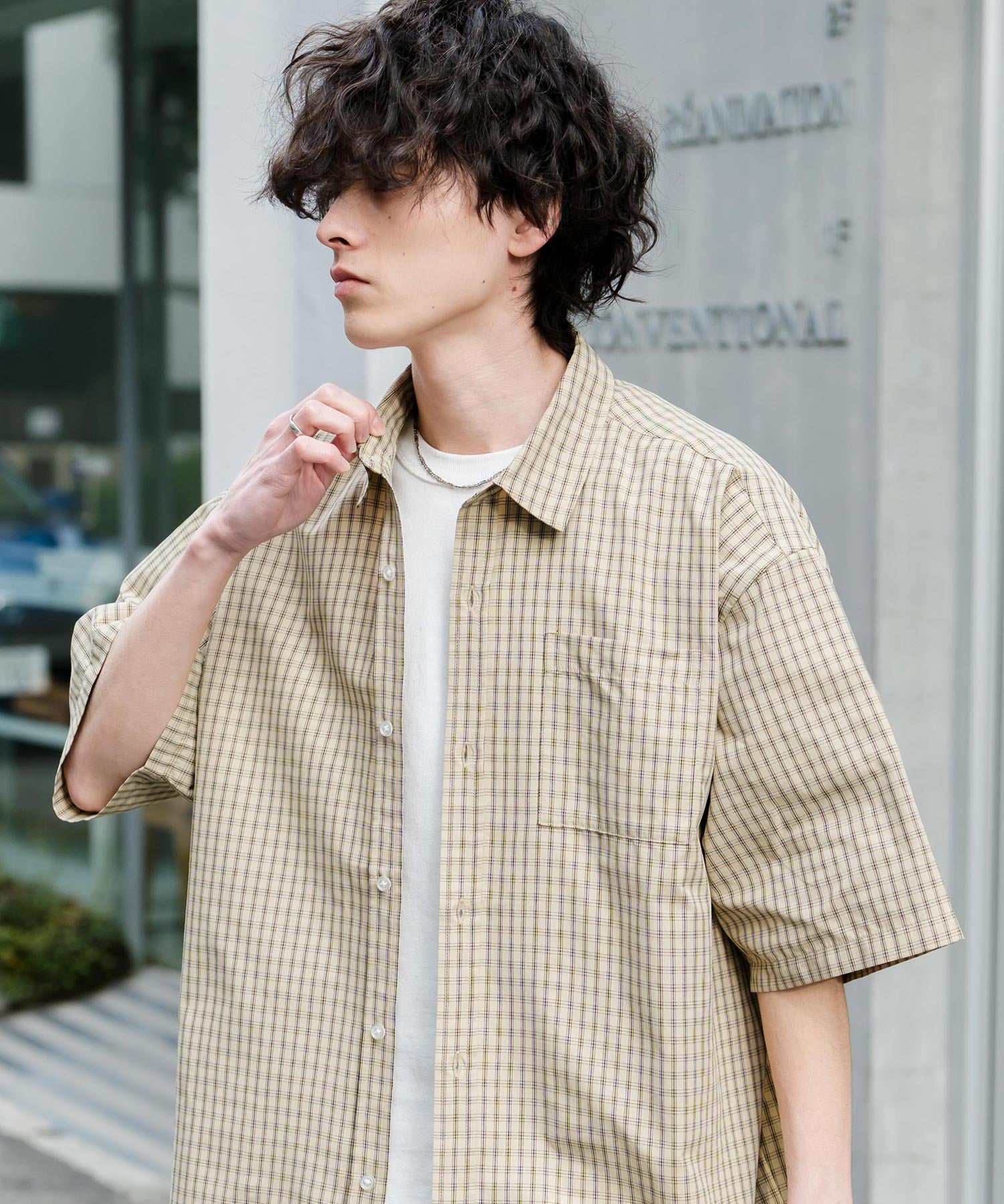 新色追加 オーバーサイズ 無地/チェック柄/ストライプ柄レギュラーカラー半袖シャツ 13977