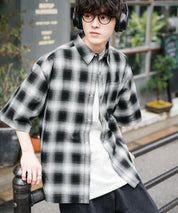 新色追加 オーバーサイズ 無地/チェック柄/ストライプ柄レギュラーカラー半袖シャツ 13977