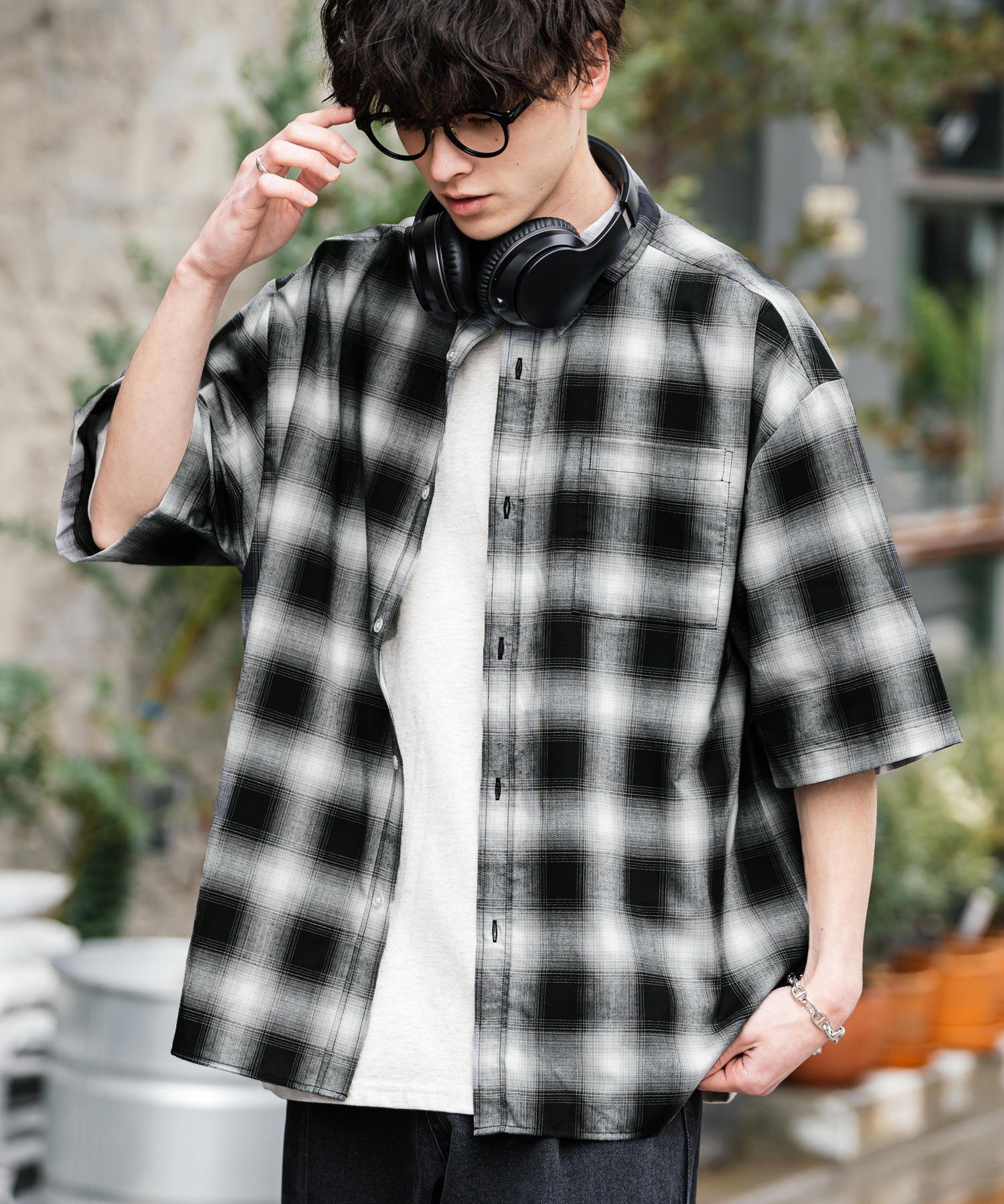 新色追加 オーバーサイズ 無地/チェック柄/ストライプ柄レギュラーカラー半袖シャツ 13977