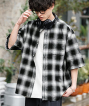 新色追加 オーバーサイズ 無地/チェック柄/ストライプ柄レギュラーカラー半袖シャツ 13977