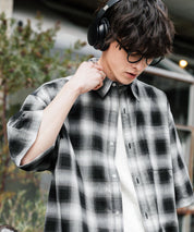 新色追加 オーバーサイズ 無地/チェック柄/ストライプ柄レギュラーカラー半袖シャツ 13977