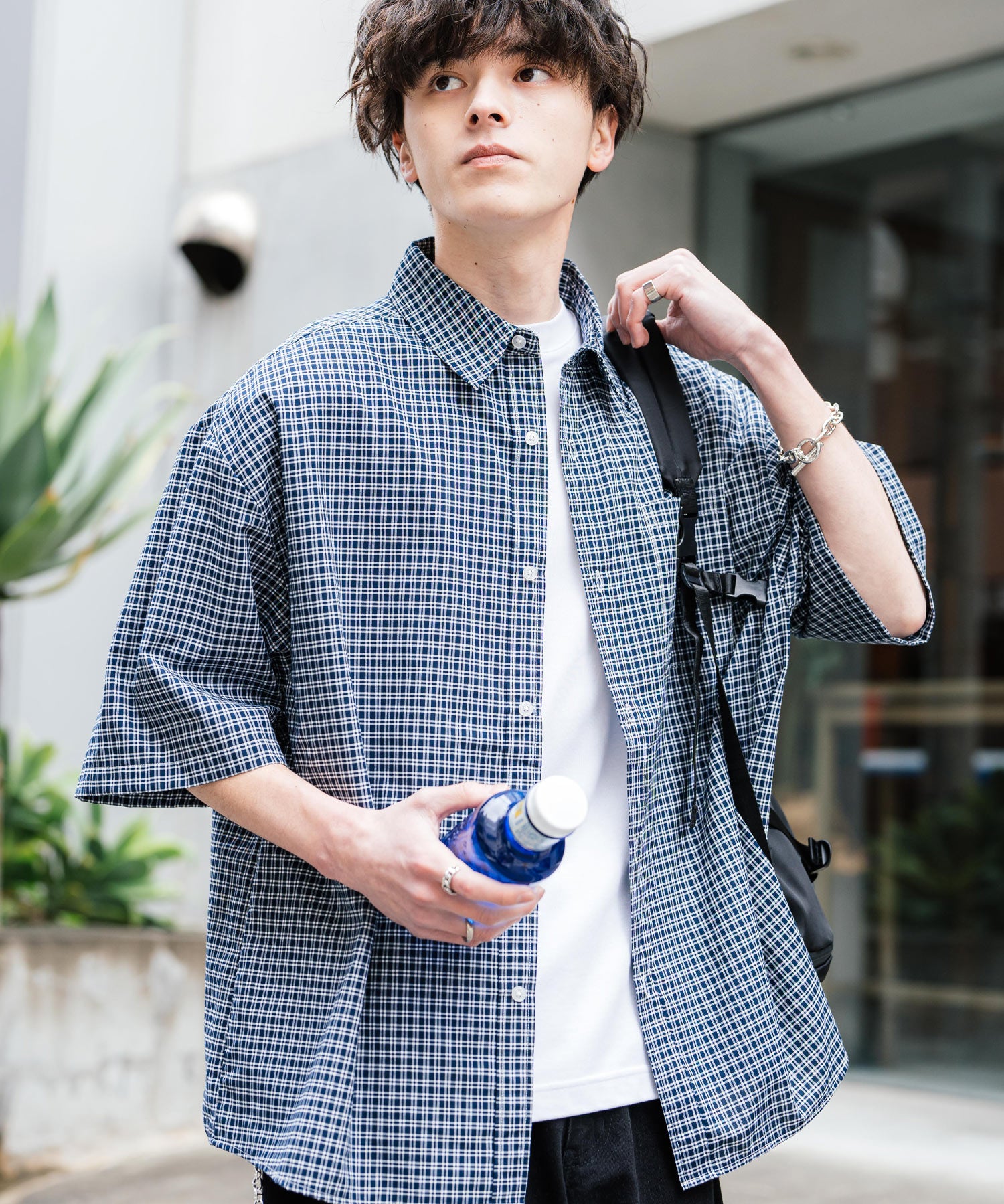 新色追加 オーバーサイズ 無地/チェック柄/ストライプ柄レギュラーカラー半袖シャツ 13977