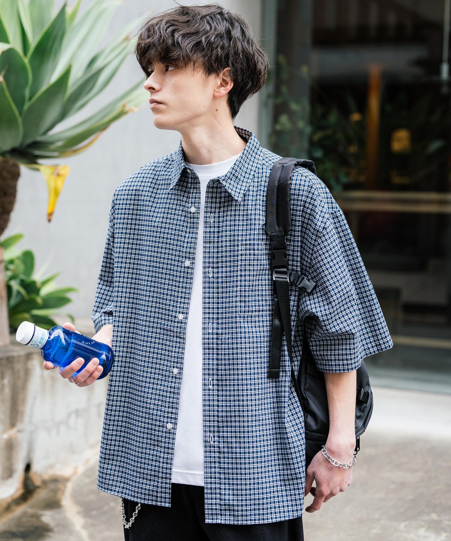 新色追加 オーバーサイズ 無地/チェック柄/ストライプ柄レギュラーカラー半袖シャツ 13977